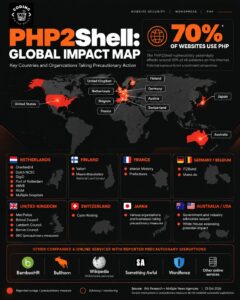 Global impact map infographic showing PHP2Shell vulnerability affecting 70% of the internet in October 2026, with highlighted countries including Netherlands, Finland, France, Germany, UK, and USA, and affected organizations like Overheid.nl, DigiD, Dutch NCSC, Valtori, ITZBund, Met Police, BambooHR, Bullhorn, and Wikipedia